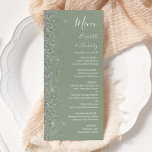 Menu Mariage de bord de Parties scintillant argent mode<br><div class="desc">Le bord gauche de cet élégant menu mariage moderne présente un style de parties scintillant en faux argent. Le texte personnalisable combine écriture manuscrite blanche,  copperplate et polices italiques sur un arrière - plan vert sage. L'envers présente une parties scintillant verte et argentée assortie.</div>