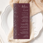 Menu Mariage de bord de Parties scintillant d'argent de<br><div class="desc">Le bord gauche de cet élégant menu mariage moderne présente un style de parties scintillant en faux argent. Le texte personnalisable combine écriture gris argenté,  copperplate et polices italiques sur un arrière - plan bordeaux. L'envers présente une parties scintillant bordeaux et argentée assortie.</div>