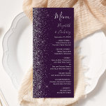 Menu Mariage de bord de Parties scintillant d'argent fo<br><div class="desc">Le bord gauche de cet élégant menu mariage moderne présente un style de parties scintillant en faux argent. Le texte personnalisable associe écriture gris argenté,  copperplate et polices italiques sur un arrière - plan violet foncé. L'envers présente une parties scintillant violette et argentée assortie.</div>