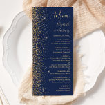 Menu Mariage de bord de Parties scintillant d'or bleu m<br><div class="desc">Le bord gauche de cet élégant menu mariage moderne présente un style de parties scintillant en faux or. Le texte personnalisable combine écriture manuscrite couleur or pâle,  cuivre et polices italiques sur un arrière - plan bleu marine. L'envers est assorti d'une parties scintillant bleu marine et d'or.</div>