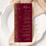 Menu Mariage de bord de Parties scintillant d'or rouge<br><div class="desc">Le bord gauche de cet élégant menu mariage moderne présente un style de parties scintillant en faux or. Le texte personnalisable combine écriture manuscrite couleur or pâle,  cuivre et polices italiques sur un arrière - plan rouge bordeaux. L'envers est assorti d'une parties scintillant bordeaux et dorée.</div>