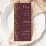 Menu Mariage de bord de Parties scintillant doré foncé<br><div class="desc">Le bord gauche de cet élégant menu mariage moderne présente un style de parties scintillant en faux or. Le texte personnalisable combine écriture manuscrite couleur or pâle,  cuivre et polices italiques sur un arrière - plan bordeaux foncé. L'envers est assorti d'une parties scintillant bordeaux et dorée.</div>