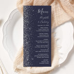 Menu Mariage de bord de Parties scintillant en argent b<br><div class="desc">Le bord gauche de cet élégant menu mariage moderne présente un style de parties scintillant en faux argent. Le texte personnalisable combine écriture gris argenté,  copperplate et polices italiques sur un arrière - plan bleu marine foncé. L'envers présente un design de parties scintillant bleu foncé et argent assorti.</div>