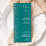 Menu Mariage de bord de Parties scintillant en argent T<br><div class="desc">Le bord gauche de cet élégant menu mariage moderne présente un style de parties scintillant en faux argent. Le texte personnalisable combine écriture gris argenté,  copperplate et polices italiques sur un arrière - plan bleu turquoise. L'envers présente une parties scintillant turquoise et argentée assortie.</div>
