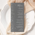 Menu Mariage de bord de Parties scintillant gris modern<br><div class="desc">Le bord gauche de cet élégant menu mariage moderne présente un style de parties scintillant en faux argent. Le texte personnalisable combine écriture gris argent,  copperplate et polices italiques sur un arrière - plan gris. L'envers présente un design de parties scintillant gris et argent assorti.</div>