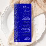 Menu Mariage de bord de Parties scintillant Royal Blue<br><div class="desc">Le bord gauche de cet élégant menu mariage moderne présente un style de parties scintillant en faux argent. Le texte personnalisable combine écriture blanche,  copperplate et polices italiques sur un arrière - plan bleu royal. L'envers présente une parties scintillant bleu et argent royal assortie.</div>