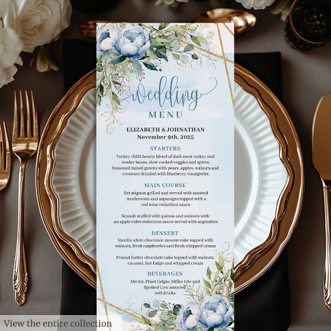 Menu Mariage de cadre de Parties scintillant bleu or in (Timeless Dusty Blue Gold Glitter Frame Wedding Menu)