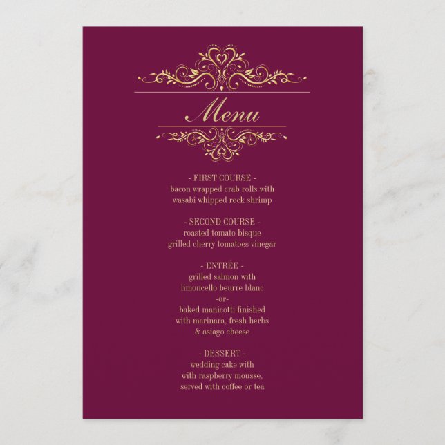 Menu mariage de cadre doré et élégant de Bourgogne (Devant)