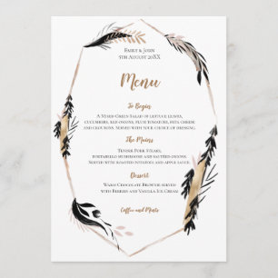 Menu Mariage de cadre Feuilles Boho Gold et Black Feath