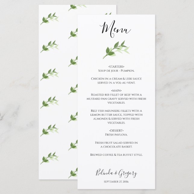 Menu Mariage de cadre Feuilles de jardin verdoyant (Devant / Derrière)