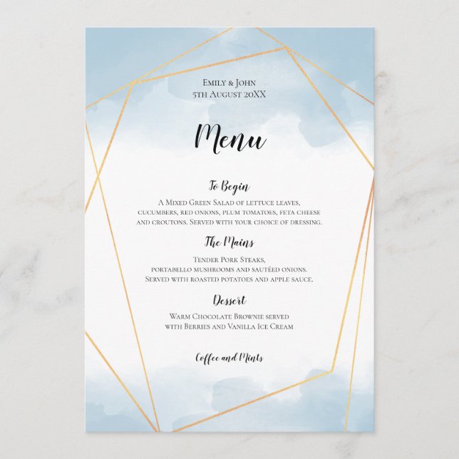 Menu Mariage de cadre géométrique bleu clair Aquarelle  (Devant)