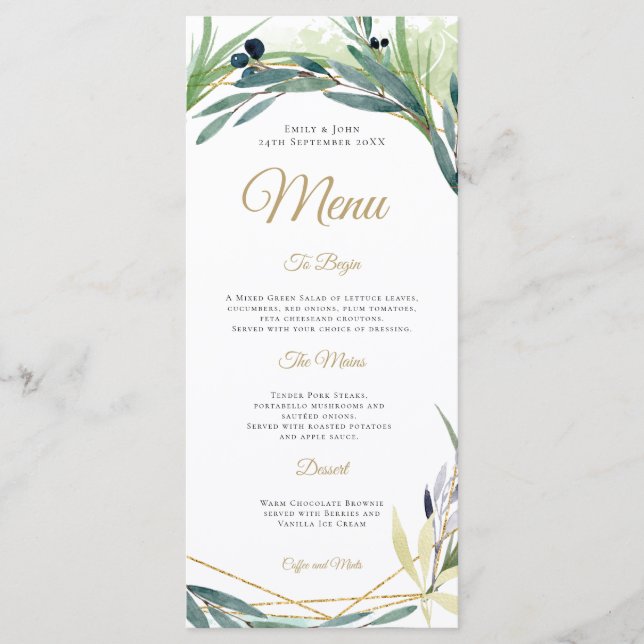 Menu Mariage de cadre géométrique feuille d'olive aquar (Devant)