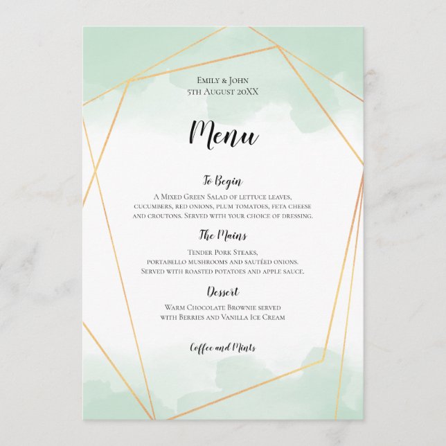 Menu Mariage de cadre géométrique Mint Green Aquarelle  (Devant)