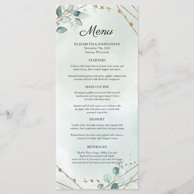 Menu Mariage de cadre géométrique verdoyant Foliage Or (Devant)