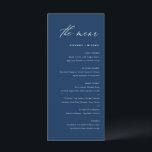 Menu Mariage de calligraphie élégant bleu marine<br><div class="desc">Ajoutez un accent élégant à votre paysage de table d'événements avec cette carte de menu personnalisable. Il présente un script fantaisiste et une typographie simple. Personnalisez cette carte de menu moderne en ajoutant vos propres détails. Cette carte marine bleue et blanche est parfaite pour les mariages, les douches nuptiales, les...</div>
