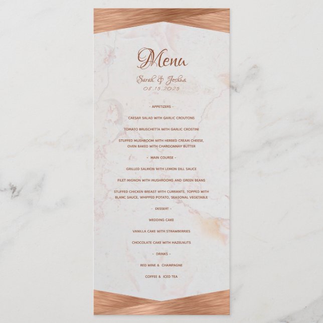 Menu Mariage de calligraphie en cuivre de marbre géomét (Devant)