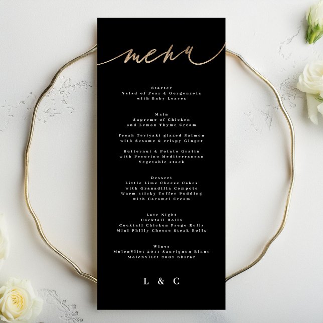 Menu Mariage de calligraphie moderne Black White Gold (Créateur téléchargé)