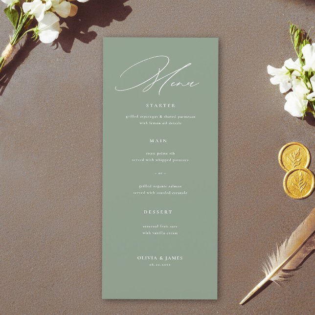 Menu Mariage de calligraphie moderne vert sauge blanc (sage green wedding menu elegant modern calligraphy white simple contemporary stylish)