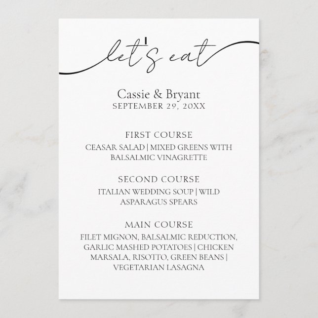 Menu Mariage de calligraphie noir et blanc (Devant)