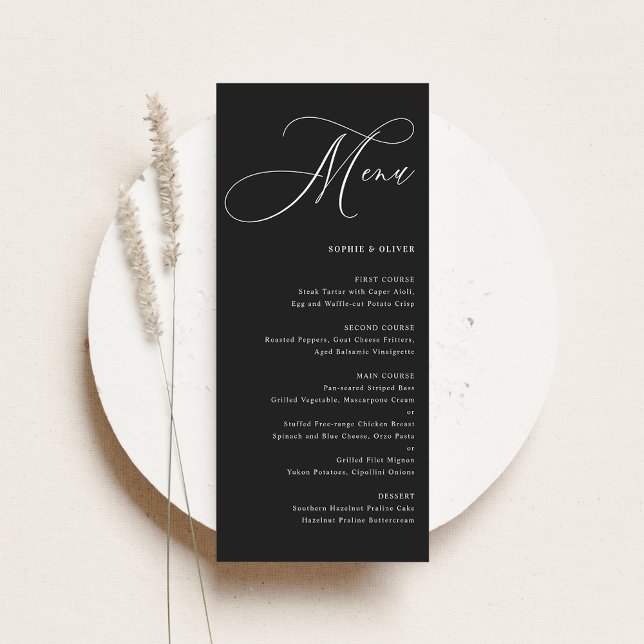 Menu Mariage de calligraphie noir Whimsical (Customizable black and white wedding menu card featuring whimsical calligraphy)