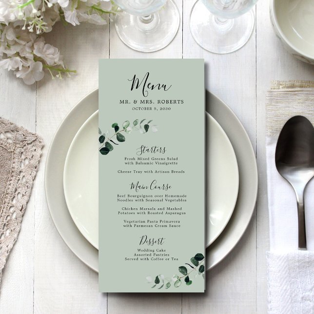 Menu Mariage de calligraphie romantique Eucalyptus Sage (Eucalyptus Sage Romantic Calligraphy Wedding Menu)