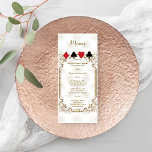 Menu Mariage de casino Glam Gold White Art Deco<br><div class="desc">Unique Casino Royale, design de carte à thème art déco. Il présente un style art déco vintage, un cadre hollywoodien des années 1920 avec un faux film d'or Fleur-de-lis, jouant des costumes de cartes sur l'arrière - plan motif Art déco noir or. Sur le dos faux or motif et initiales...</div>