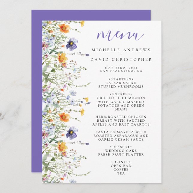 Menu Mariage de champ fleur sauvage (Devant / Derrière)