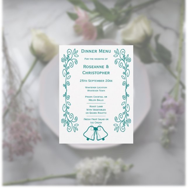 Menu Mariage de conception turquoise pour le défilement (Teal wedding menu card nells and scrollwork design)