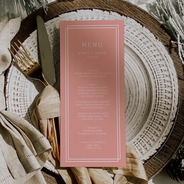 Menu Mariage de corail doux AVERTISSEMENT Peach Minimal (AVERY Minimal Blush Peach Soft Coral Wedding Menu)