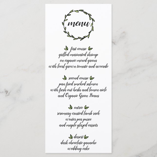 Menu Mariage de couronnes vertes rustiques (Devant)