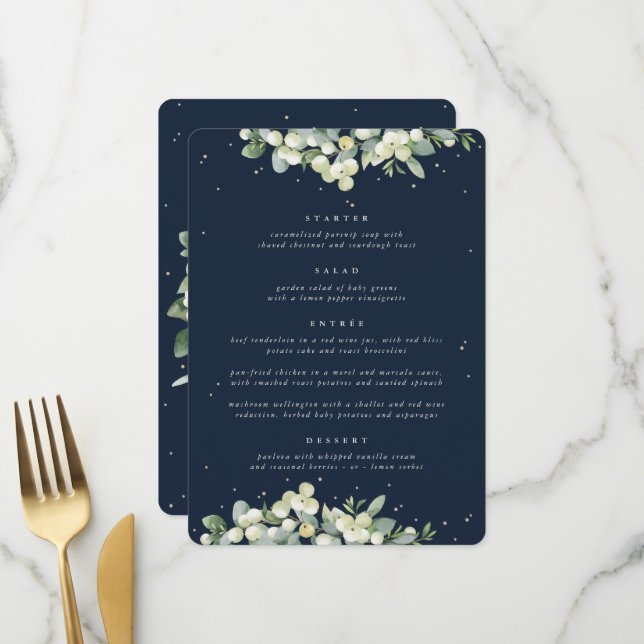 Menu Mariage de cours Dark Navy Snowberry+Eucalyptus 4 (Devant/Arrière en situation)