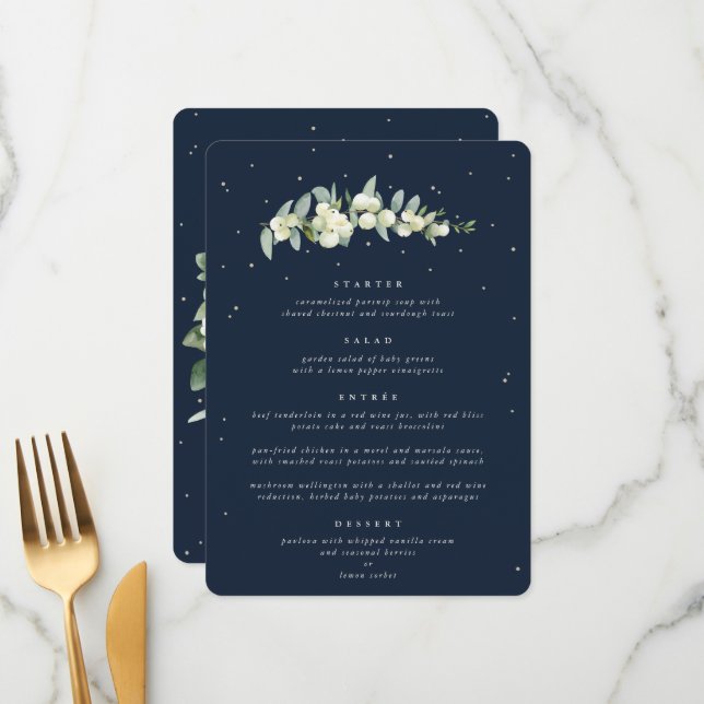 Menu Mariage de cours Dark Navy Snowberry+Eucalyptus 4 (Devant/Arrière en situation)