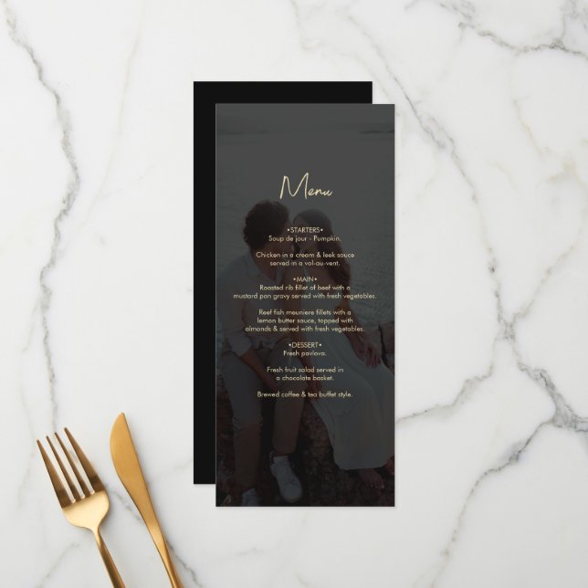 Menu Mariage de couverture photo Black Gold moderne (Devant/Arrière en situation)