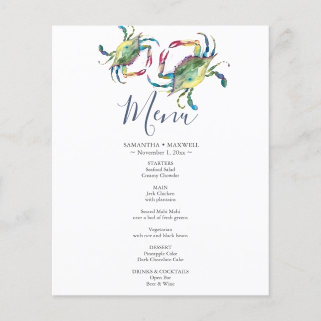 Menu Mariage de crabe bleu aquarelle (Devant)