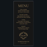 Menu Mariage de cravate noir officiel Monogramme de crê<br><div class="desc">Améliorez votre réception de mariage avec ce Monogramme de crête Mariage Formel Couleur or noir personnalisé Menu. Doté d'une élégante crête et d'un design monogramme, ce menu ajoute une touche de sophistication à votre journée spéciale. Personnalisez avec vos noms et détails mariages pour créer une expérience culinaire mémorable pour vos...</div>