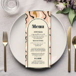Menu Mariage de Crème Noir Noir Rétro Arch<br><div class="desc">Le "Retro Swirl Arch Mariage Menu" est une pièce de bon goût qui marie sans effort les arts culinaires et visuels. Il présente un décor élégant de tourbillons rétro ondulants dans une palette de couleurs sophistiquée, rose, noir, or et crème, dégageant une atmosphère chic et intemporelle. Cette carte est élégamment...</div>