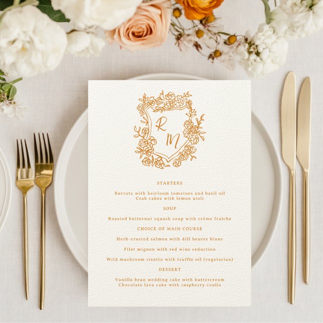 Menu Mariage de crête de monogramme orangé floral tiré  (Créateur téléchargé)