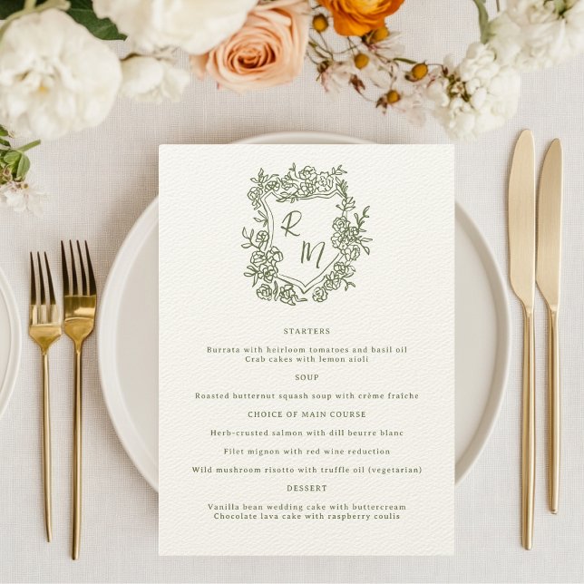 Menu Mariage de crête de Monogramme vert floral tiré à  (Créateur téléchargé)