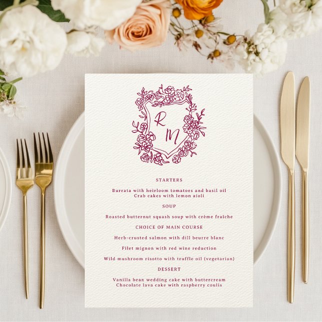 Menu Mariage de crête de monogramme violet floral tiré  (Créateur téléchargé)