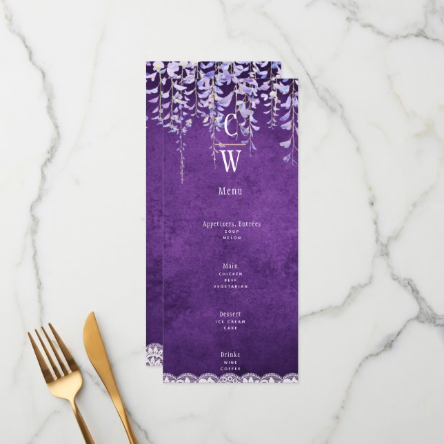 Menu Mariage de dentelle moderne violet (Devant/Arrière en situation)
