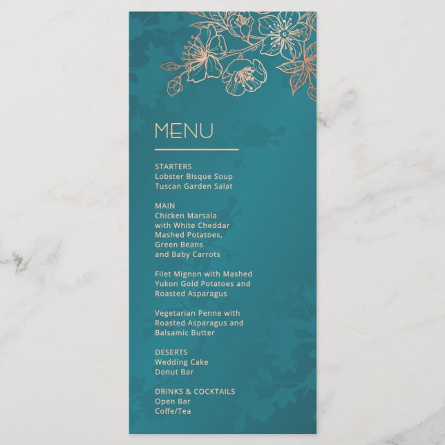Menu Mariage de dessin de ligne florale sarcelle or ros (Devant)