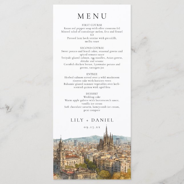 Menu Mariage de destination à l'aquarelle à Barcelone (Devant)
