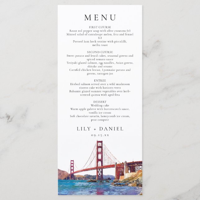 Menu Mariage de destination aquarelle à San Francisco (Devant)