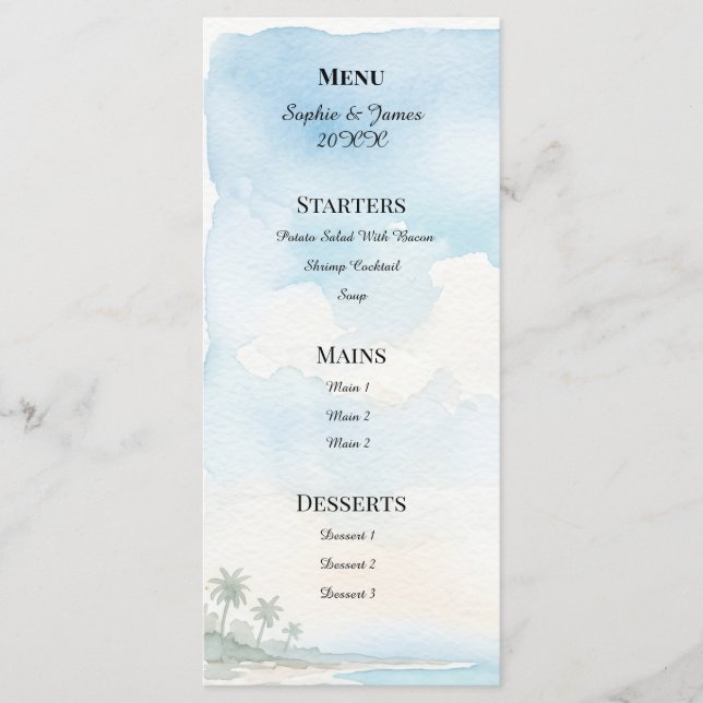 Menu Mariage de destination de plage à l'aquarelle (Devant)