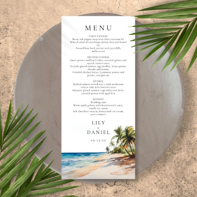 Menu Mariage de destination tropical à l'aquarelle (Watercolor Tropical Beach Destination Wedding Menu)