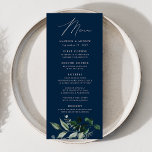 Menu Mariage de dîner de la Marine de verdure<br><div class="desc">Elégant menu de mariage avec "Menu" affiché dans un script de calligraphie moderne avec un bouquet d'eucalyptus, de fougères, et d'autres riches verdure montré ci-dessous sur un arrière - plan de marine. Personnalisez le menu du mariage botanique avec vos noms, date du mariage et menu du dîner. Le menu mariage...</div>