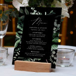 Menu Mariage de dîner noir et verdoyant<br><div class="desc">Menu de mariage élégant avec "Menu" affiché dans un script de calligraphie moderne et détails de menu encadrés par eucalyptus, fougères, et autres riches verdure sur un arrière - plan noir. Personnalisez le menu du mariage botanique avec vos noms, date du mariage et menu du dîner. Le menu mariage simple...</div>