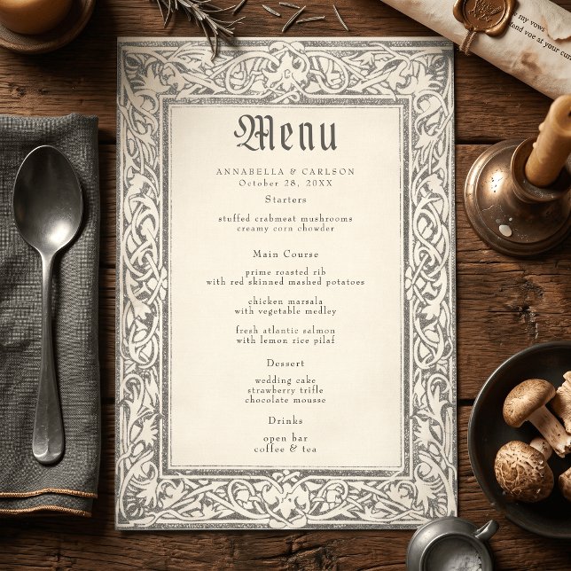 Menu Mariage de fantasy médiéval noir gravure vintage (Créateur téléchargé)