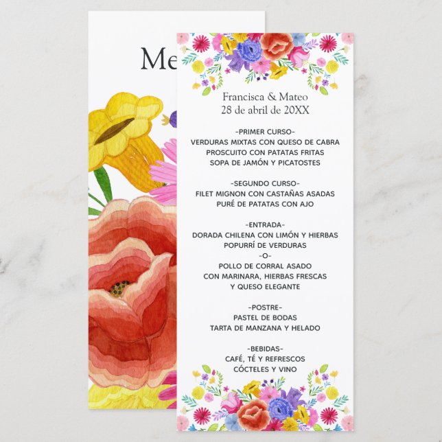 Menu Mariage de fête espagnole florale à l'aquarelle (Devant / Derrière)