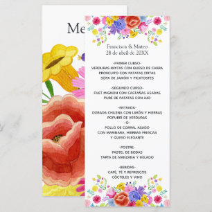 Menu Mariage de fête espagnole florale à l'aquarelle